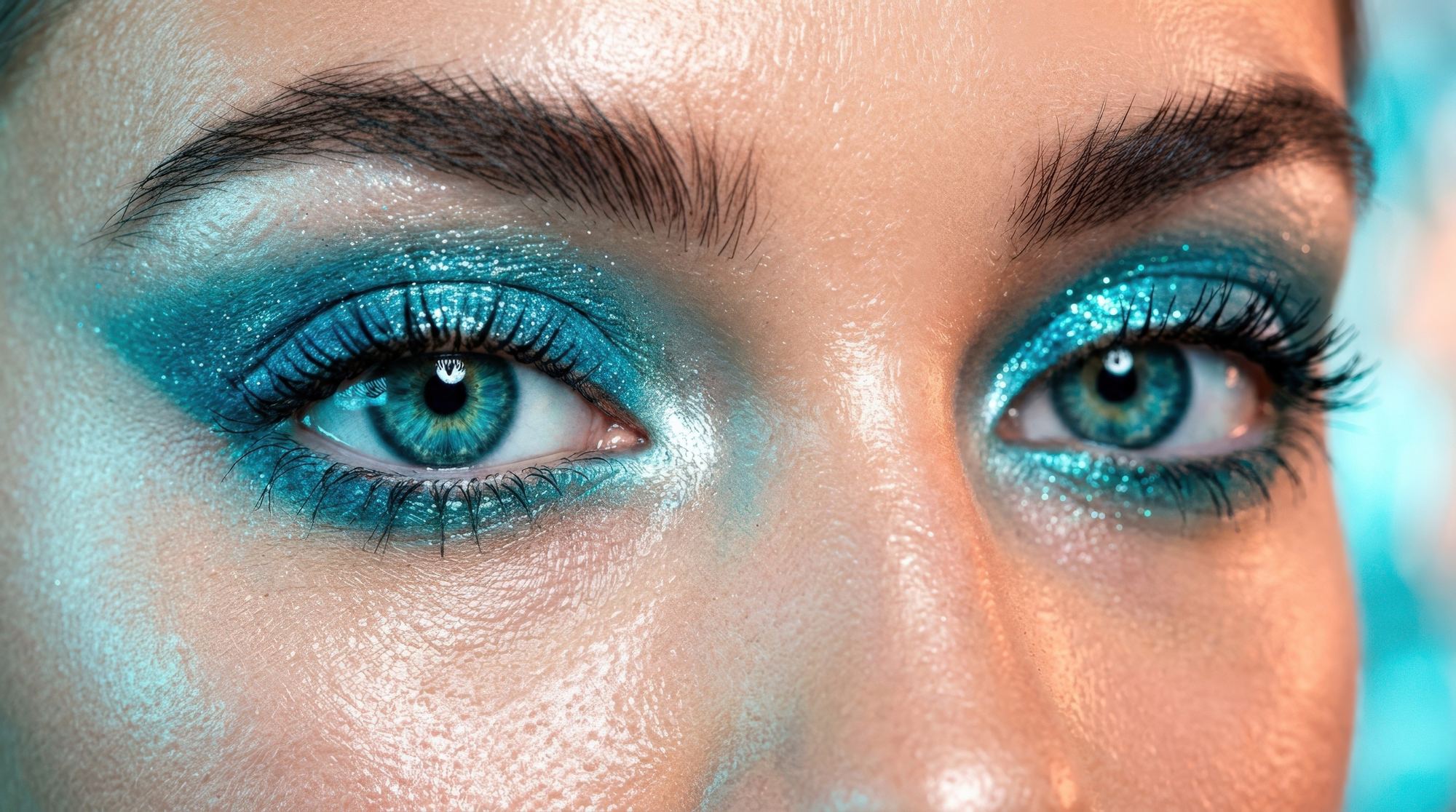 Close-up of a dancer's eyes with glittering teal eyeshadow